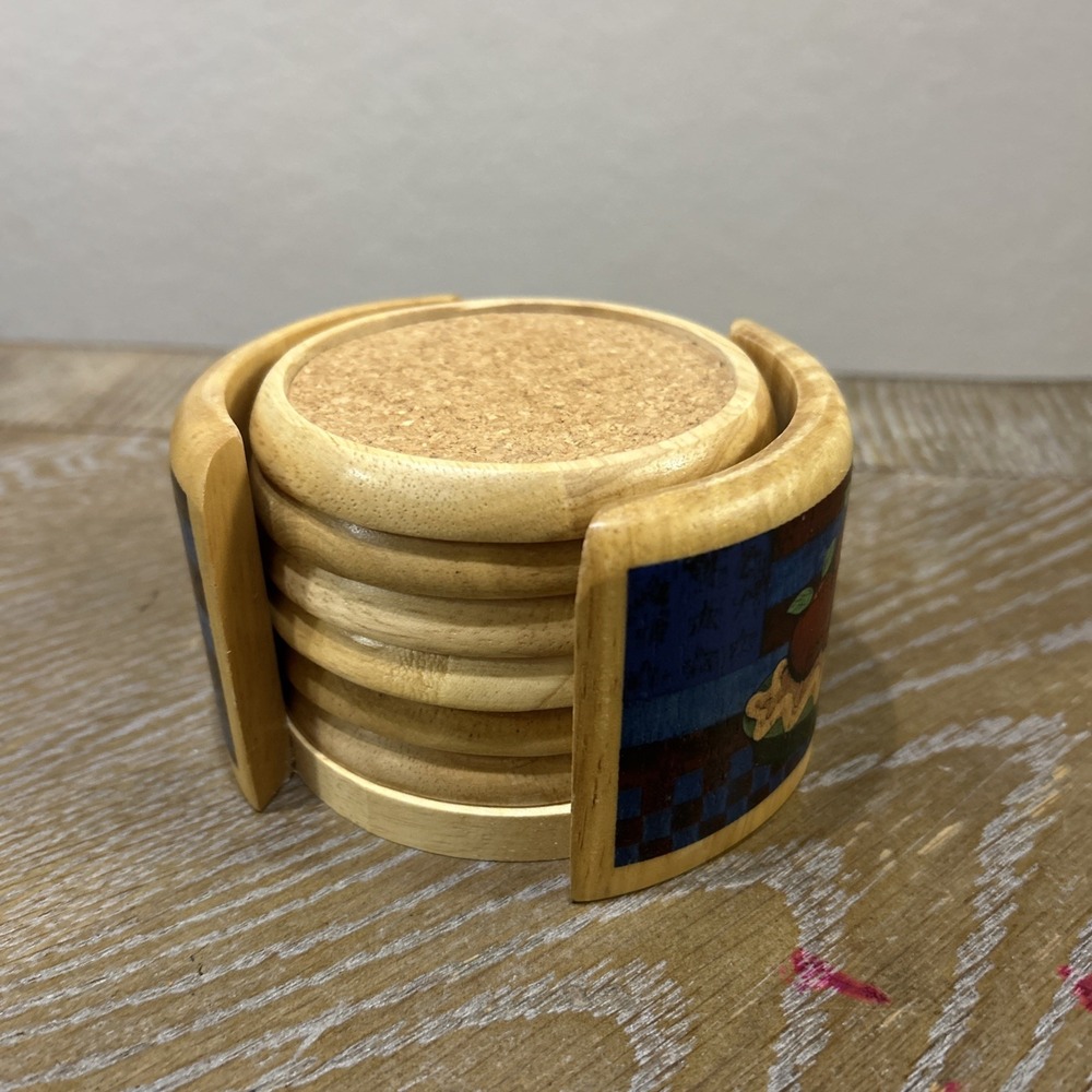 Vintage Kamenstein Wood Round Coaster Set 6 Pc Natural with Holder Apple Pie - Picture 2 of 7